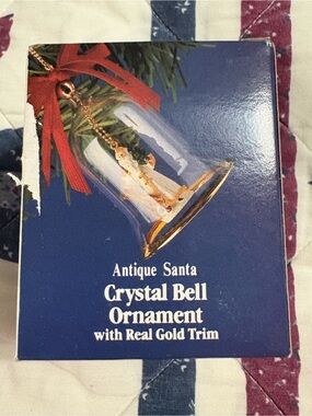 Vintage Crystal Bell Ornament Antique Santa Claus with Real Gold Trim 3” in Box